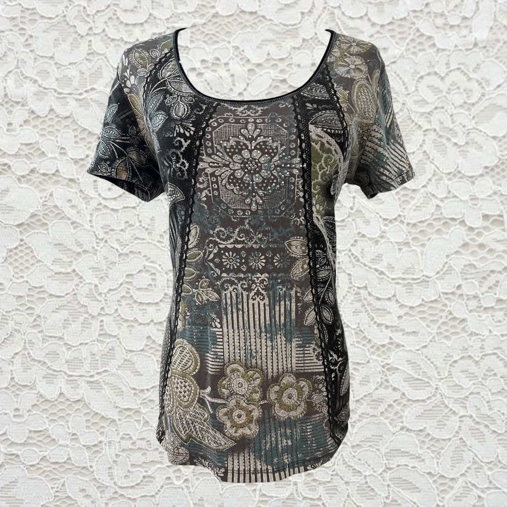 vintage y2k all over graphic rhinestone short sleeve babydoll top tee